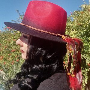 Ombre Red Black Fedora with Feather Hat Band